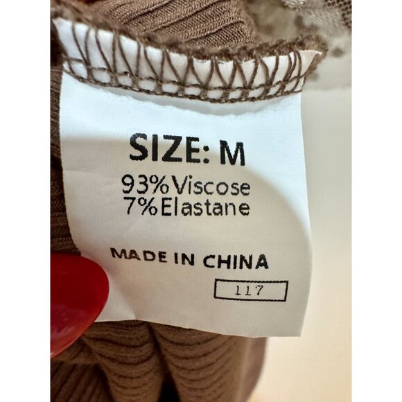 Ribbed Brown Top With Polka Dot Mesh Ruffle Sleeves Short-Sleeve Stretchy Size M - Picture 5 of 6